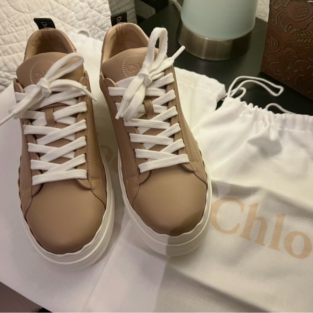 Brand New In Big x Chloe Beige Leather Platform Sneakers with White Soles